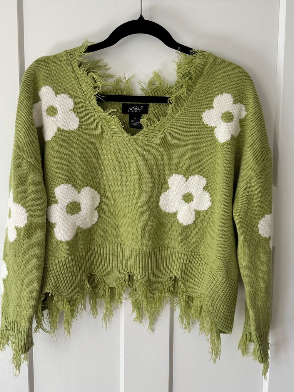 Just Polly Green Daisy Distressed Cropped Sweater Boho Cottagecore Size M